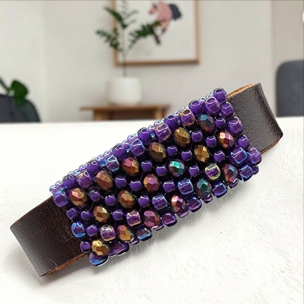 Purple  & Copper Beaded Brown Leather Bracelet Cuff
